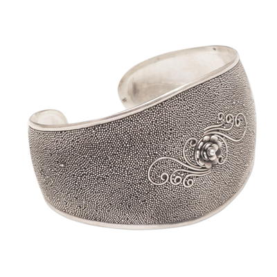 Sterling silver cuff bracelet, 'Lotus Swirl' - Handcrafted Floral Sterling Silver Cuff Bracelet from Bali