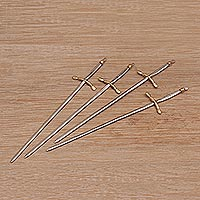Stainless steel and brass cocktail picks, 'Excalibur' (set of 4) - Balinese Stainless Steel and Brass Cocktail Picks (Set of 4)