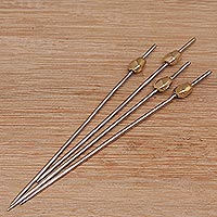 Stainless steel and brass cocktail picks, 'Droplet' (set of 4) - Stainless Steel and Brass Cocktail Picks (Set of 4)