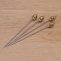 Stainless steel and brass cocktail picks, 'Smiling Skull' (set of 4) - Stainless Steel and Brass Cocktail Picks (Set of 4)