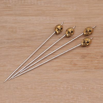 Stainless steel and brass cocktail picks, 'Smiling Skull' (set of 4) - Stainless Steel and Brass Cocktail Picks (Set of 4)