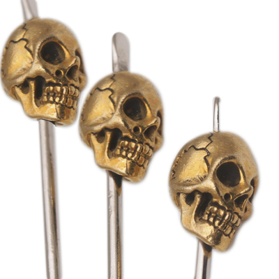 Stainless steel and brass cocktail picks, 'Smiling Skull' (set of 4) - Stainless Steel and Brass Cocktail Picks (Set of 4)