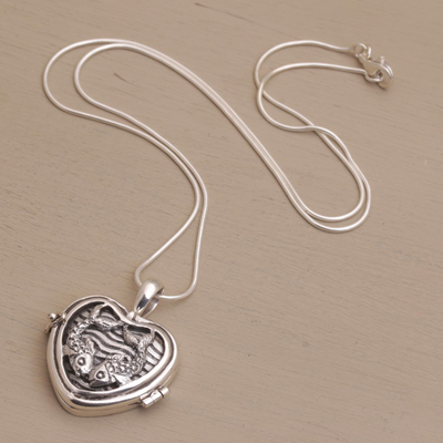 Halskette mit Medaillon aus Sterlingsilber - Herzförmige Koi-Fisch-Medaillon-Halskette aus Sterlingsilber