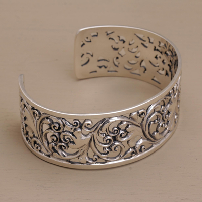 Sterling silver cuff bracelet, 'Undergrowth' - Detailed Sterling Silver Vine and Leaf Cuff Bracelet
