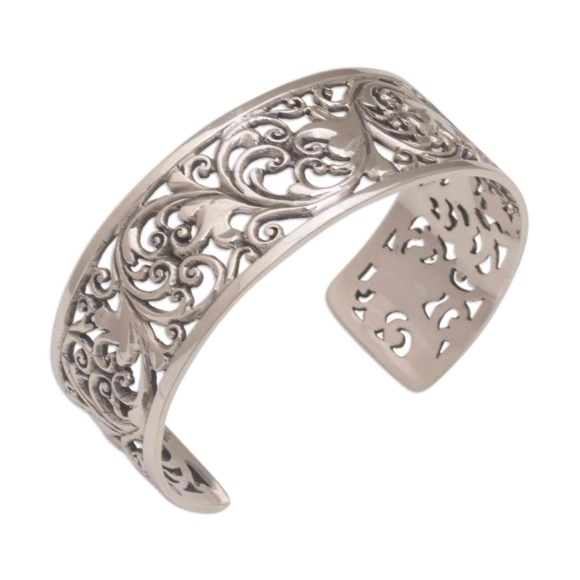 Detailed Sterling Silver Vine and Leaf Cuff Bracelet Undergrowth NOVICA