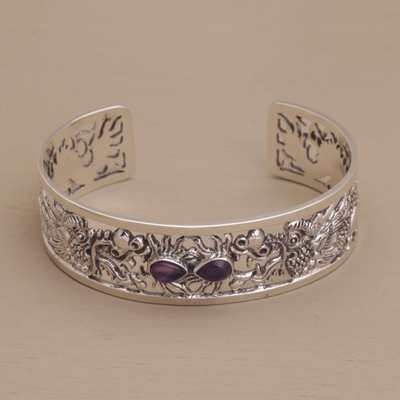 Amethyst cuff bracelet, 'Dragon Duel' - Dragon Themed Sterling Silver and Amethyst Cuff Bracelet