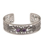 Amethyst cuff bracelet, 'Dragon Duel' - Dragon Themed Sterling Silver and Amethyst Cuff Bracelet