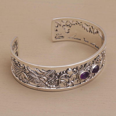 Amethyst cuff bracelet, 'Dragon Duel' - Dragon Themed Sterling Silver and Amethyst Cuff Bracelet