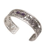 Amethyst cuff bracelet, 'Dragon Duel' - Dragon Themed Sterling Silver and Amethyst Cuff Bracelet