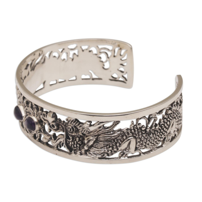 Brazalete de amatista - Brazalete tipo brazalete de plata esterlina y amatista con diseño de dragón