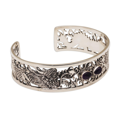 Brazalete de amatista - Brazalete tipo brazalete de plata esterlina y amatista con diseño de dragón