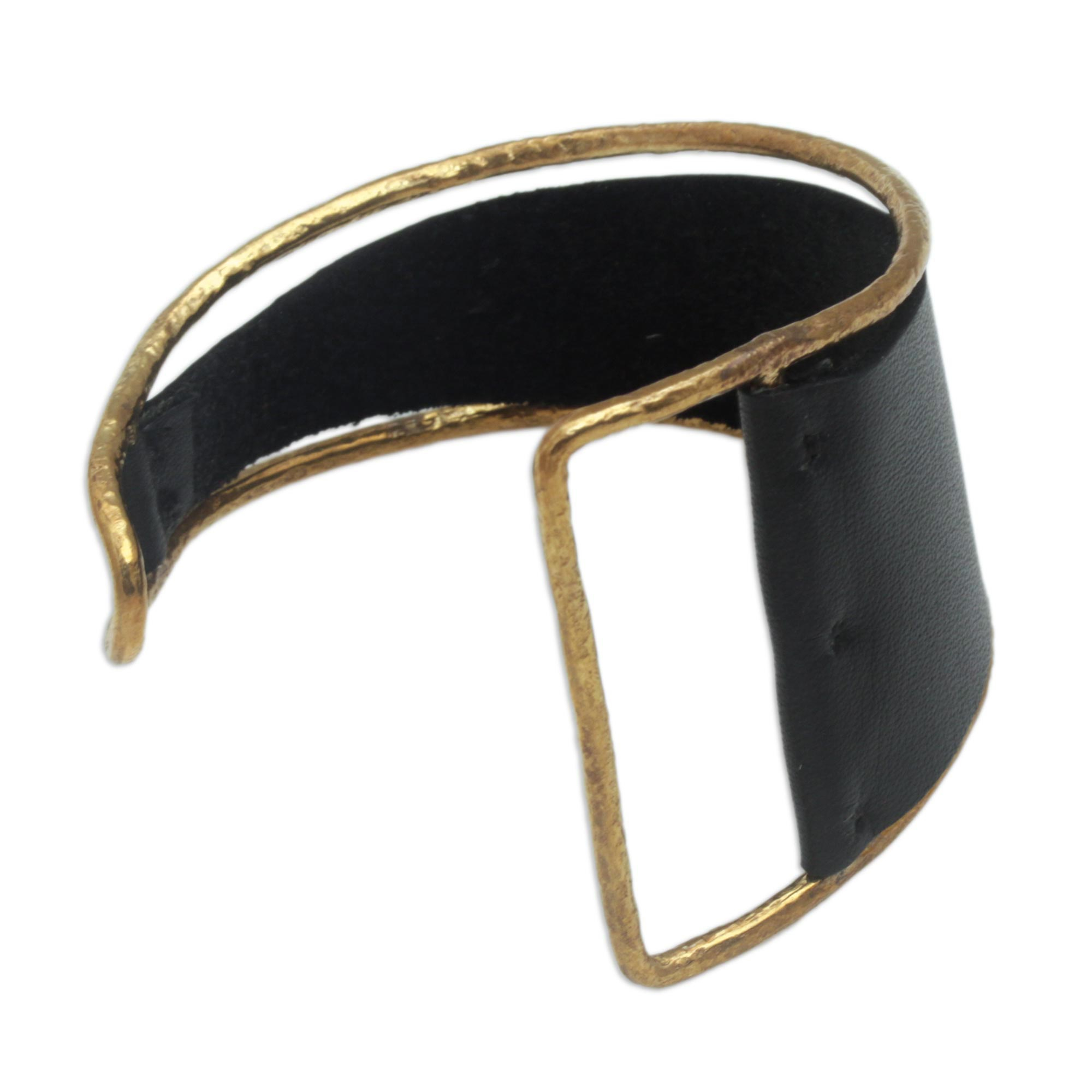 Golden Black Leather and Brass Cuff Bracelet from Bali - Golden Black ...