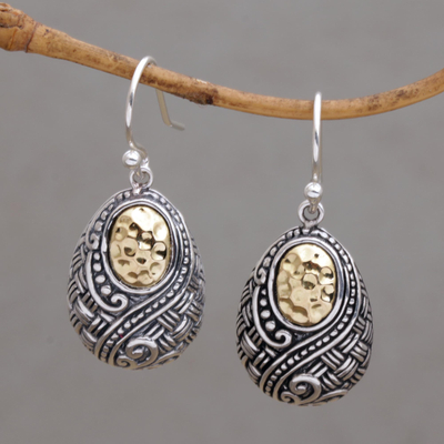 Gold accented sterling silver dangle earrings, 'Infinite Sunshine' - Ornately Detailed 18k Gold and Sterling Silver Earrings