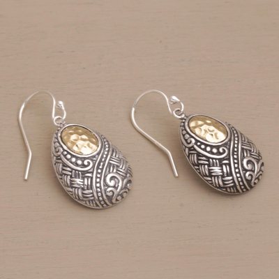 Gold accented sterling silver dangle earrings, 'Infinite Sunshine' - Ornately Detailed 18k Gold and Sterling Silver Earrings