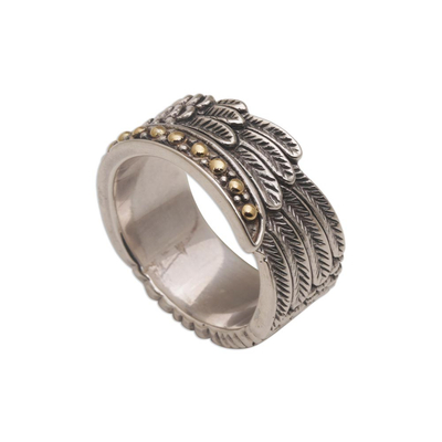 Gold accented sterling silver band ring, 'Feathers and Scales' - Gold Accented Silver Band Ring with Feathers and Scales