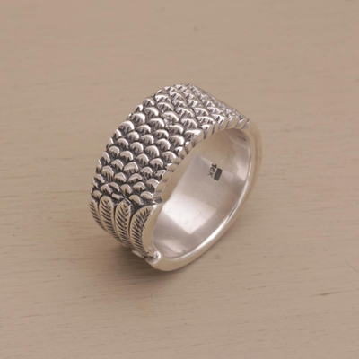 Gold accented sterling silver band ring, 'Feathers and Scales' - Gold Accented Silver Band Ring with Feathers and Scales