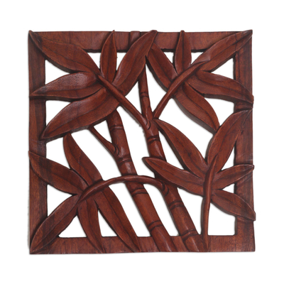 Wood relief panel, 'Bamboo Copse' - Hand-Carved Suar Wood Relief Panel of Bamboo from Bali