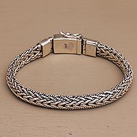 Sterling Silver Chain Wristband Bracelet from Bali,'Intrepid Bloom'