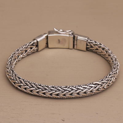 Sterling silver wristband bracelet, 'Intrepid Bloom' - Sterling Silver Chain Wristband Bracelet from Bali
