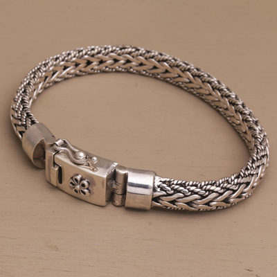 Sterling silver wristband bracelet, 'Intrepid Bloom' - Sterling Silver Chain Wristband Bracelet from Bali