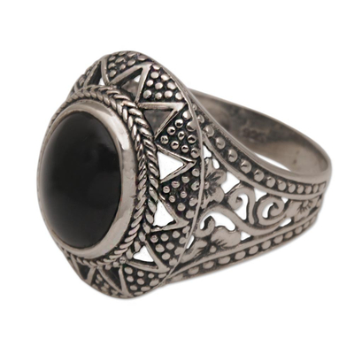 Onyx cocktail ring, 'Midnight Light' - Onyx and Sterling Silver Cocktail Ring from Bali