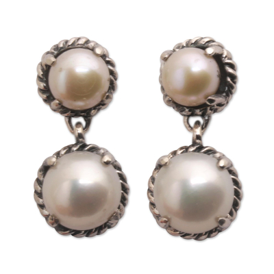 Cultured pearl dangle earrings, 'Cool Reflection' - Sterling Silver Dangle Earrings with White Cultured Pearls