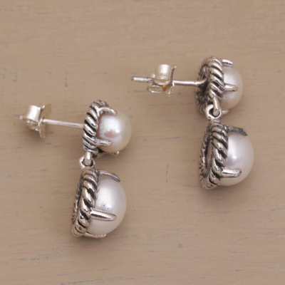 Pendientes colgantes de perlas cultivadas - Pendientes colgantes de plata de ley con perlas cultivadas blancas