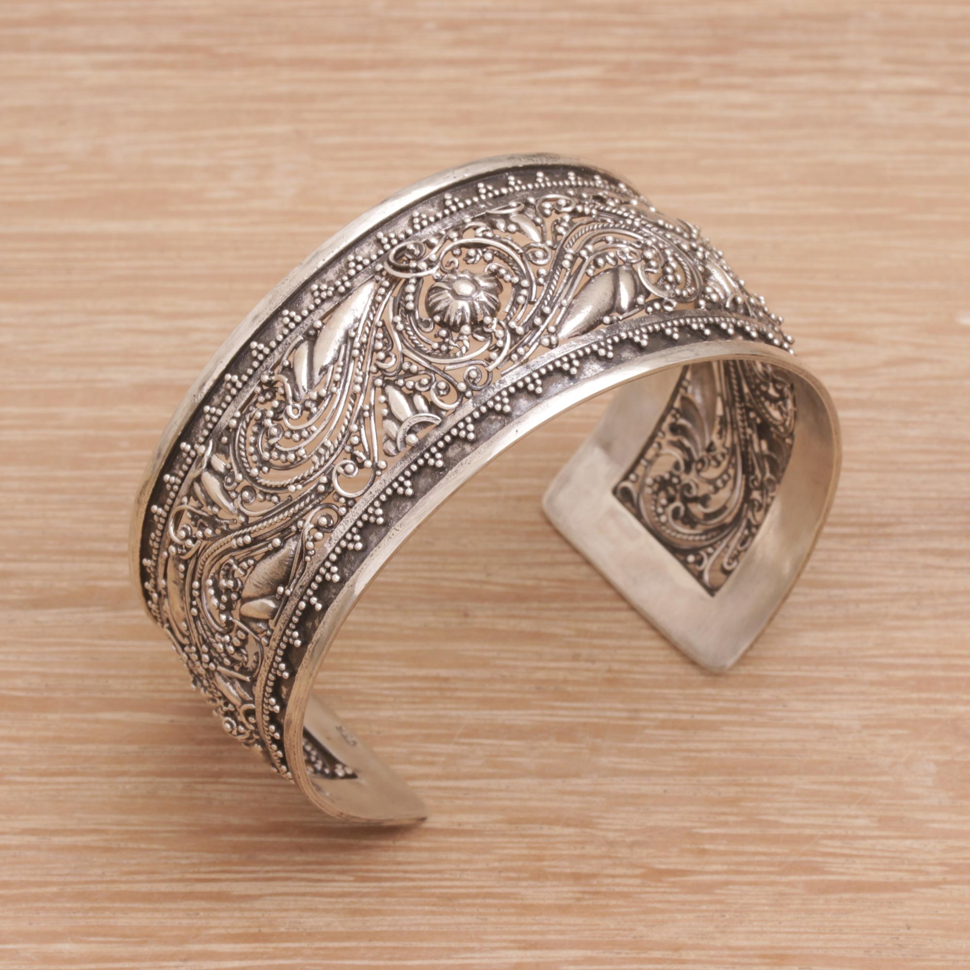 Ornately Detailed Sterling Silver Cuff Bracelet - Merajan Sanctuary