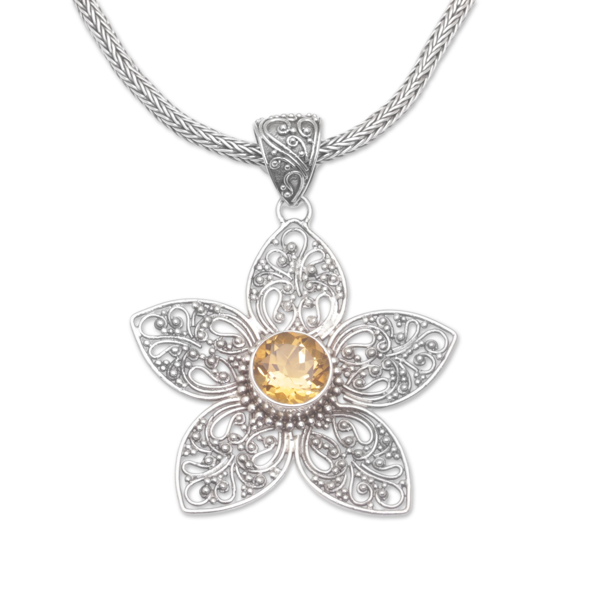 Silver Flower Pendant Necklace with 1.5 Carat Citrine - Golden Center ...