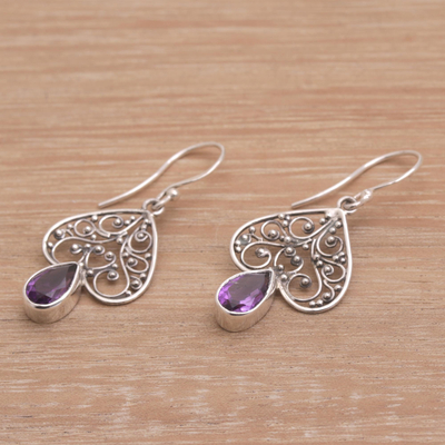 Amethyst dangle earrings, 'Regal Spades' - Amethyst and Sterling Silver Dangle Earrings from Bali