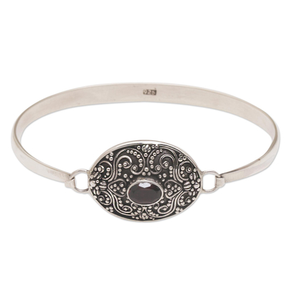 Garnet pendant bangle bracelet, 'Tender Love' - One Carat Oval Garnet and Silver Bangle Bracelet