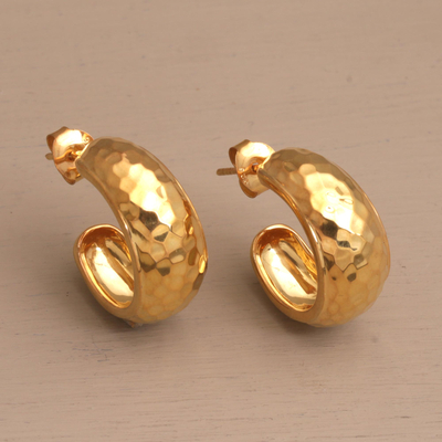 Gold plated sterling silver half hoop earrings, 'Radiant Shine' - Balinese Gold Plated 925 Half Hoop Silver Earrings