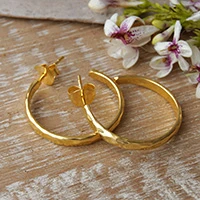 Gold plated sterling silver half hoop earrings, 'Slim Radiant Shine'