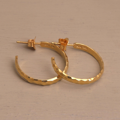 Gold plated sterling silver half hoop earrings, 'Slim Radiant Shine' - Gold Plated 925 Slim Half Hoop Silver Earrings from Bali