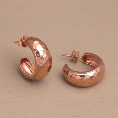 Rose gold plated sterling silver half hoop earrings, 'Radiant Shine' - Balinese Rose Gold Plated 925 Half Hoop Silver Earrings
