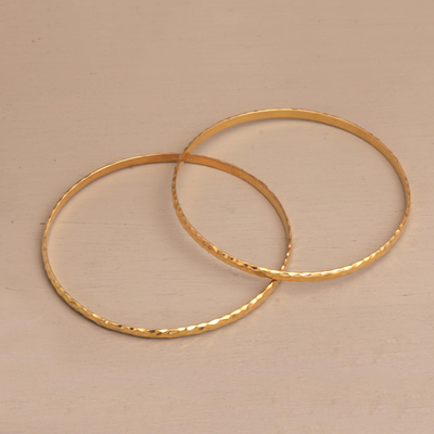 Gold plated sterling silver bangle bracelets, 'Slim Radiant Shine' (pair) - 2 Gold Plated 925 Slim Half Hoop Bangle Bracelets from Bali