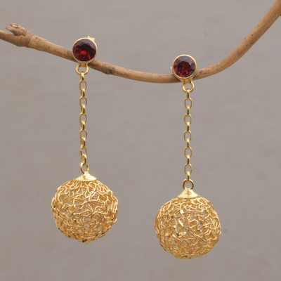 Gold plated garnet dangle earrings, Round Nest