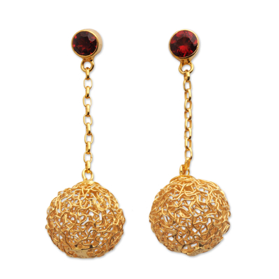 Gold plated garnet dangle earrings, 'Round Nest' - 18k Gold Plated Dangle Earrings with Garnets