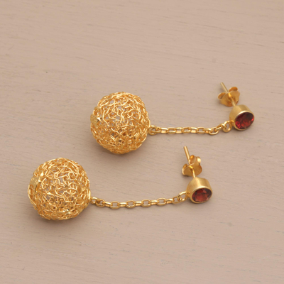 Gold plated garnet dangle earrings, 'Round Nest' - 18k Gold Plated Dangle Earrings with Garnets