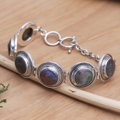 Cultured pearl link bracelet, 'Evening Reflection' - Cultured Peacock Pearl Link Bracelet from Bali