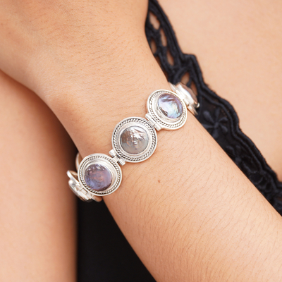 Cultured pearl link bracelet, 'Evening Reflection' - Cultured Peacock Pearl Link Bracelet from Bali