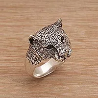 Herren-Granatring, „Wildest Nature“ – Herren-Granat- und Sterlingsilber-Wildkatzenring aus Bali