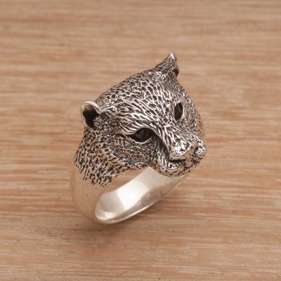 Men's garnet ring, 'Wildest Nature' - Men's Garnet and Sterling Silver Wild Cat Ring from Bali