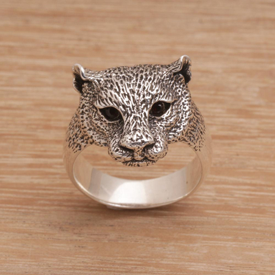 Men's garnet ring, 'Wildest Nature' - Men's Garnet and Sterling Silver Wild Cat Ring from Bali