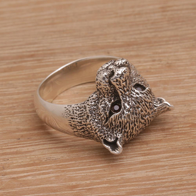 Men's garnet ring, 'Wildest Nature' - Men's Garnet and Sterling Silver Wild Cat Ring from Bali