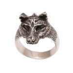 Men's sterling silver ring, 'Wolf's Gaze' - Men's Sterling Silver and Garnet Wolf Ring from Bali