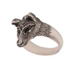 Men's sterling silver ring, 'Wolf's Gaze' - Men's Sterling Silver and Garnet Wolf Ring from Bali