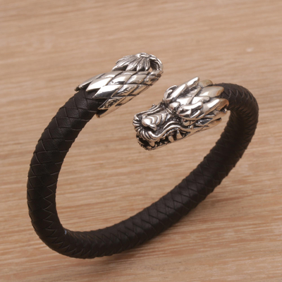 Men's Sterling Silver and Leather Dragon Bracelet from Bali - Braided ...
