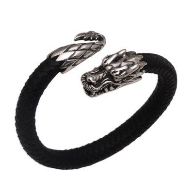 Men's sterling silver and leather cuff bracelet, 'Braided Dragon' - Men's Sterling Silver and Leather Dragon Bracelet from Bali