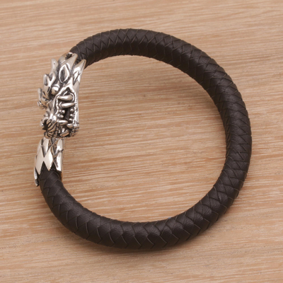 Herrenarmband aus Sterlingsilber und Leder - Herren-Drachenarmband aus Sterlingsilber und Leder aus Bali